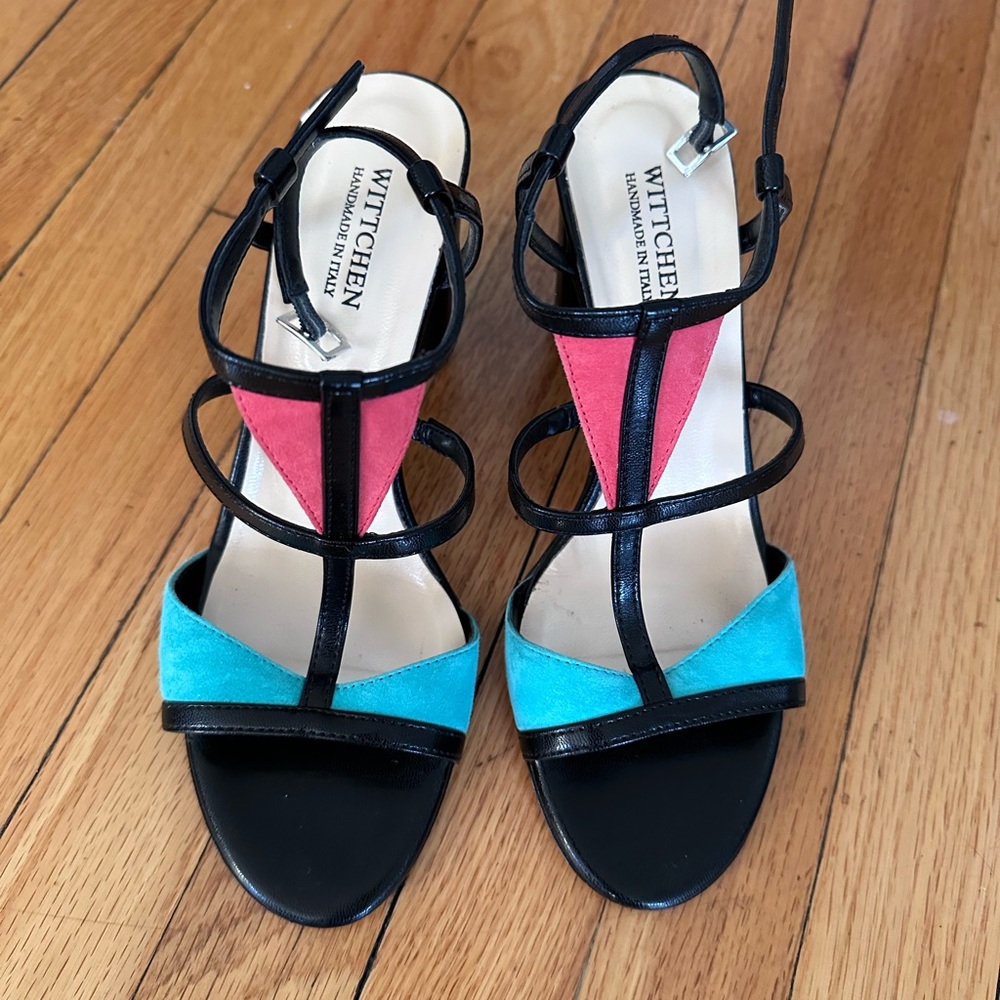 Turquoise and Coral Color Block Strappy Sandals